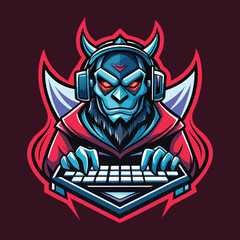 Computer gaming mascot logo with gorilla using laptop icon vector design