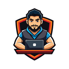Computer gaming mascot logo with man using laptop icon vector design