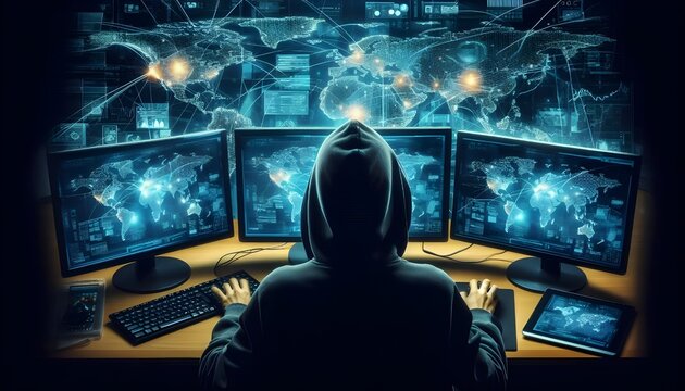 Hacker working on multiple computers with a digital world map overlay.