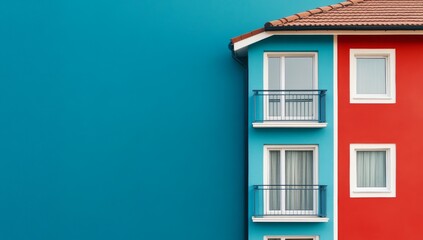 Obraz premium Minimalist House With Blue And Red Contrasting Colors