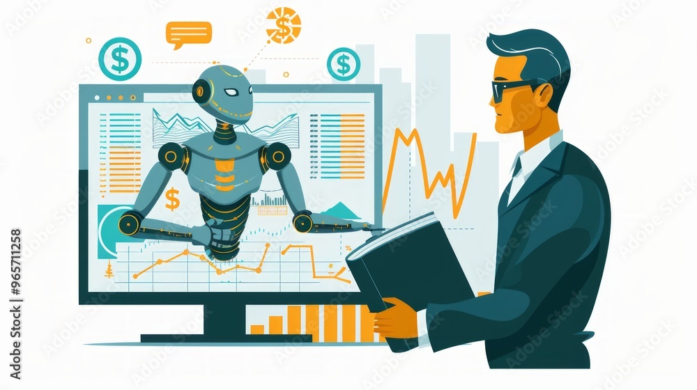 Poster business professional analyzing data trends with a robotic assistant in a modern office setting duri
