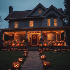 Jack-o'-lantern pumpkins and a lot of sweets on the table in the living room of a cozy and bright house decorated with bats