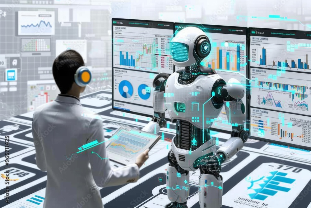 Poster a scientist interacts with an advanced robot in a high-tech office filled with data analysis screens