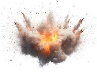 A powerful explosion with a fiery orange core and a large cloud of gray smoke and debris expanding outward.
