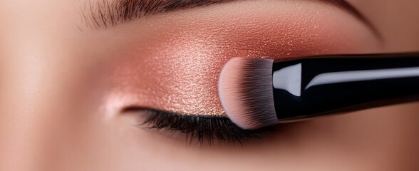 Close-up of shimmering rose gold eyeshadow being applied with a brush, soft focus on eyelid and lashes, highlighting professional makeup techniques