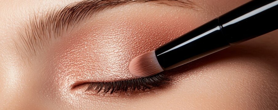 Close-up of shimmering rose gold eyeshadow being applied with a brush, soft focus on eyelid and lashes, highlighting professional makeup techniques