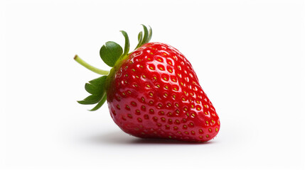 red strawberry with green leaves sits on dark brown ground