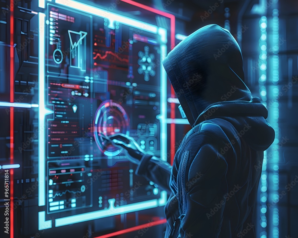 Poster hacker breaching smart home security system with holographic interfaces
