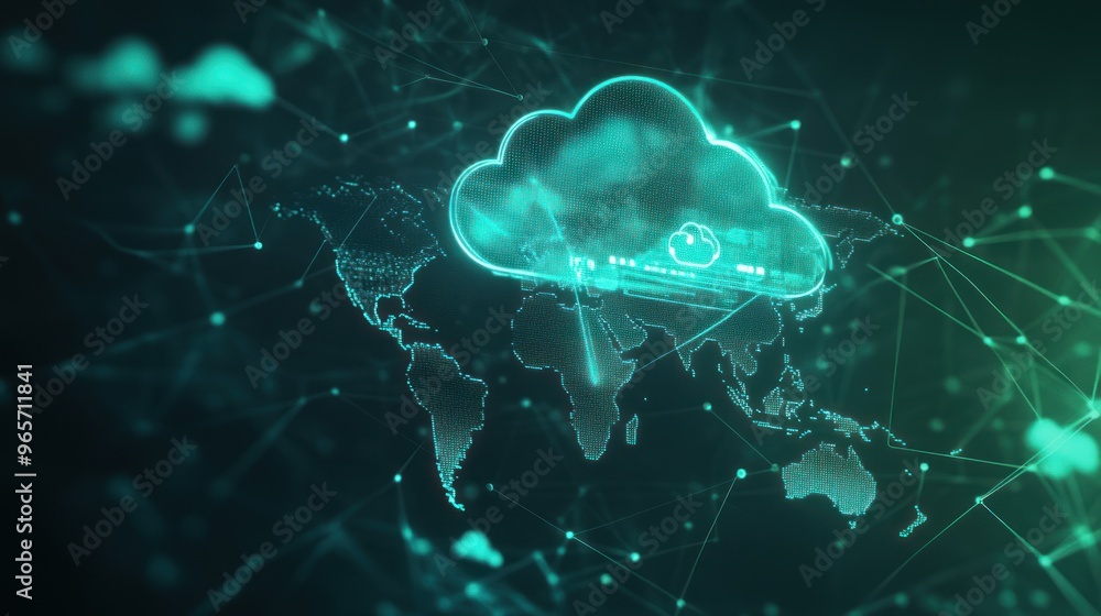 Poster digital map of the world with modern data storage cloud connected to the whole world background wall