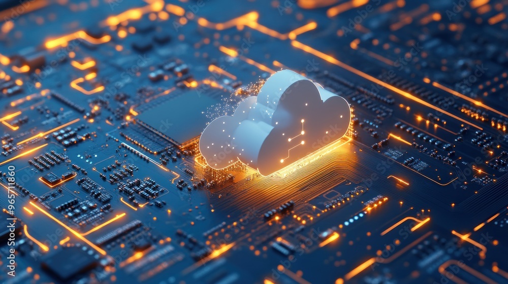 Poster circuit board with cloud storage concept future computer development cyber technology background wal