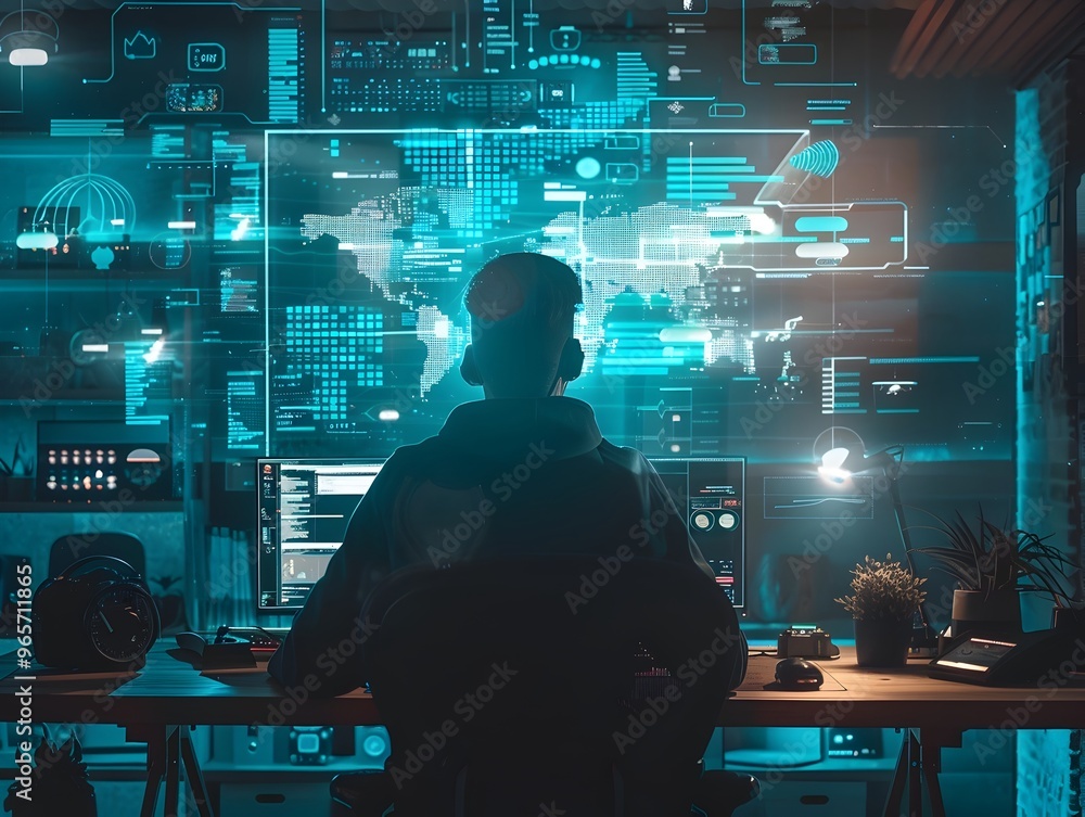 Aufkleber hacker leveraging virtual assistant to bypass security protocols in futuristic home office
