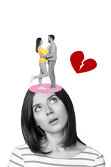 Vertical creative composite illustration photo collage of young upset girl think about happy ex...