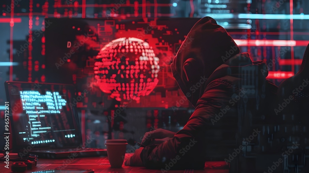 Poster hooded hacker manipulating digital information on futuristic cyber security screens