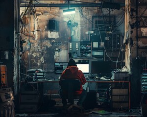 Hacker Toiling in Abandoned Warehouse With Salvaged Tech and Improvised Equipment