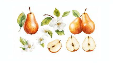 Obraz premium Artistic watercolor drawing painting of pear fruit and cut