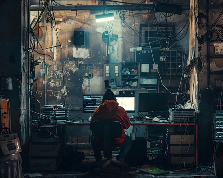 Hacker Toiling in Abandoned Warehouse With Salvaged Tech and Improvised Equipment