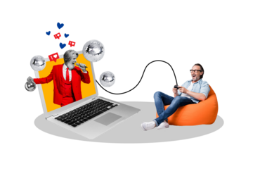 Creative composite photo collage of happy man sit in armchair hold joystick play pop star emulator game isolated blue color background