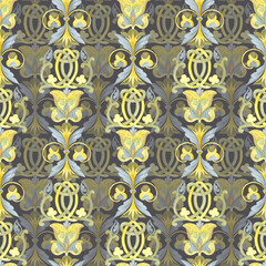 Hand drawn watercolor Russian traditional floral ornament seamless pattern isolated on dark background. Illustration can be used for textile, fabric, scrapbook and other printed products.