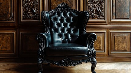 Ornate black leather chair placed in a classic wooden room with carved panels