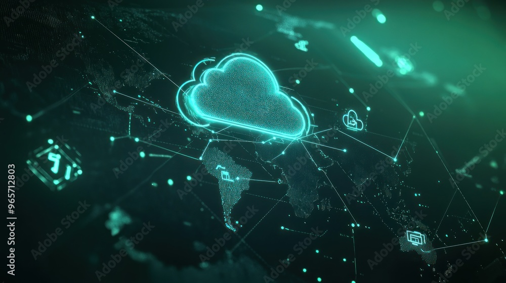 Poster digital map of the world with modern data storage cloud connected to the whole world background wall