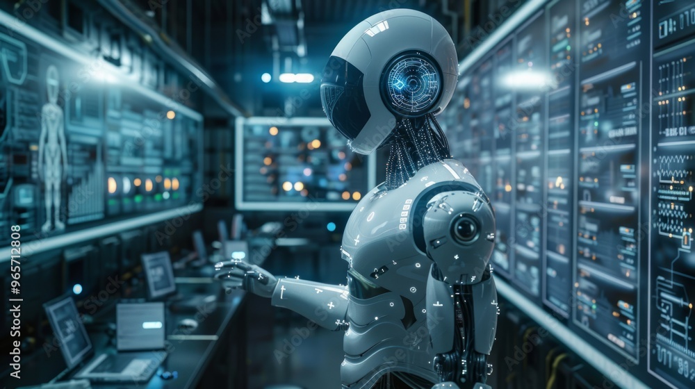 Poster a humanoid robot interacts with advanced technology in a futuristic control room filled with screens