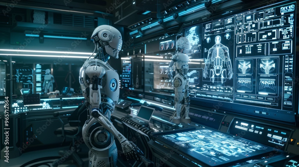 Poster a futuristic robot interacts with advanced technology in a high-tech laboratory during a late-night 