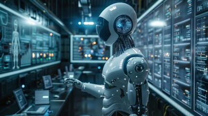Fototapeta premium A humanoid robot interacts with advanced technology in a futuristic control room filled with screens and data displays