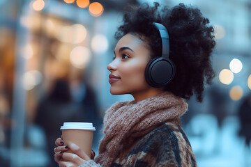 young attractive fashionable young girl or woman in headphones enjoying music holding glass of coffee drink outdoor
