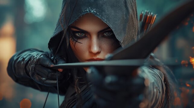 A medieval female assassin mysterious a hood and a crossbow weapon background wallpaper AI generated image