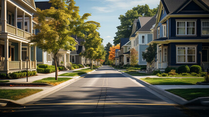 Obraz premium street lined with houses, trees, and lawns