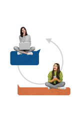 Creative vertical collage two partners young girls laptop phone working together texting sms correspondence business communication