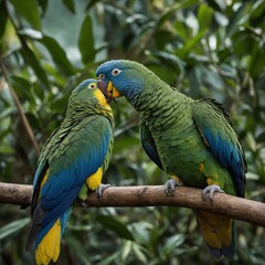 Obraz premium The Amazon Parrot is a brightly colored, medium-sized bird native to the rainforests of Central and South America. Known for their vivid green feathers and ability to mimic human speech, these parrots