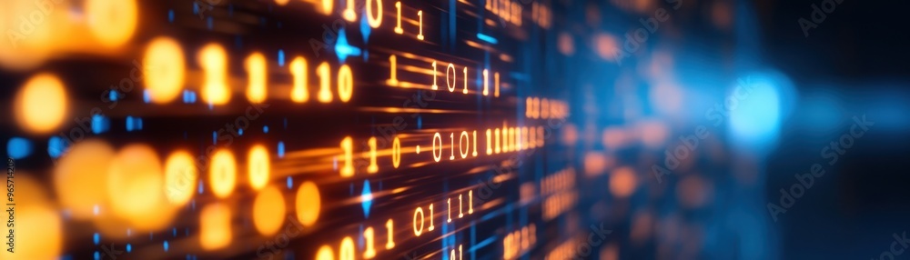 Poster a close-up view of digital data streams featuring glowing orange lights, ideal for technology and we