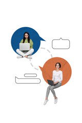 Vertical collage poster banner  two young woman sitting text messages communicate correspondence dialog laptop pc white background