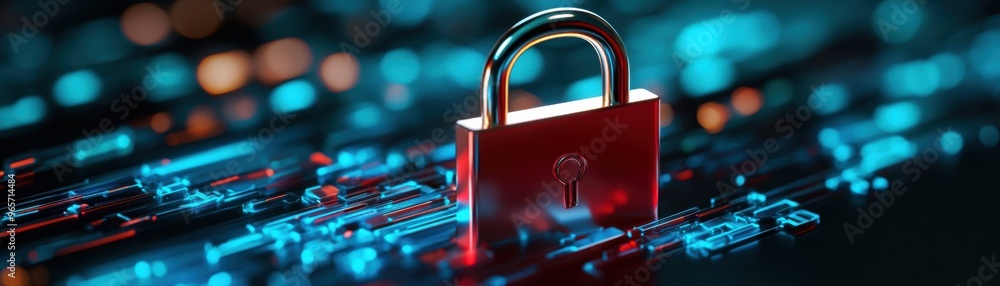 Poster a digital lock symbolizing cybersecurity and data protection, set against a vibrant blue background 