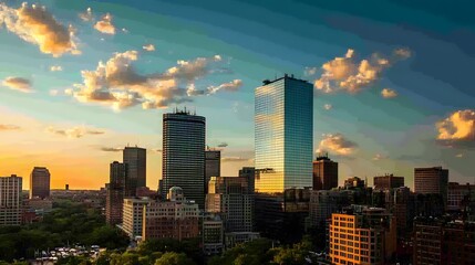 Obraz premium Cityscape at Sunset with Golden Clouds and Skyscrapers