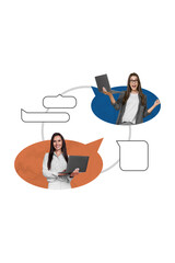 Creative vertical illustration poster two young ladies communicate distance correspondence email chatterbox dialog cowork social app