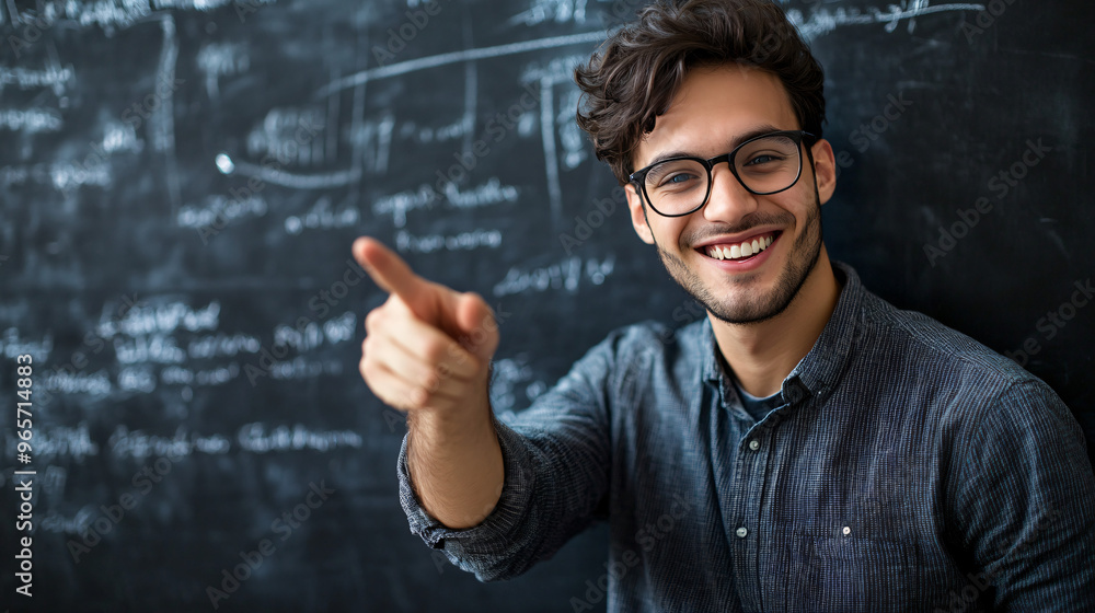 Poster young teacher smiling and pointing to a blackboard while explaining a lesson to students