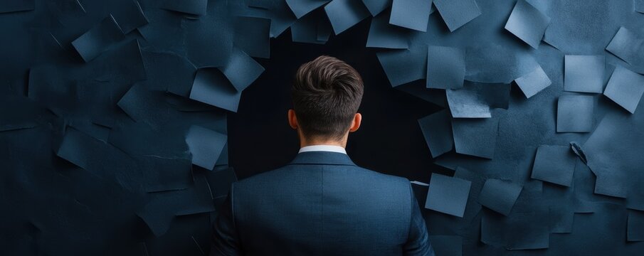 A man stands before a dark hole, surrounded by blue sticky notes, symbolizing thoughts, ideas, and introspection.