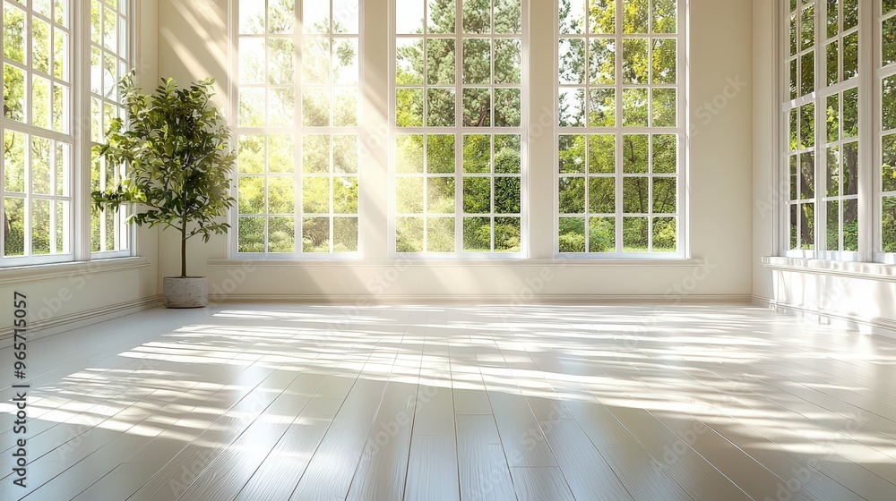 Poster sunlight pours into a spacious, minimalist room through large windows, creating a warm atmosphere. a