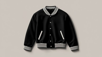 Stylish black varsity jacket with button-up front and striped accents for casual wear