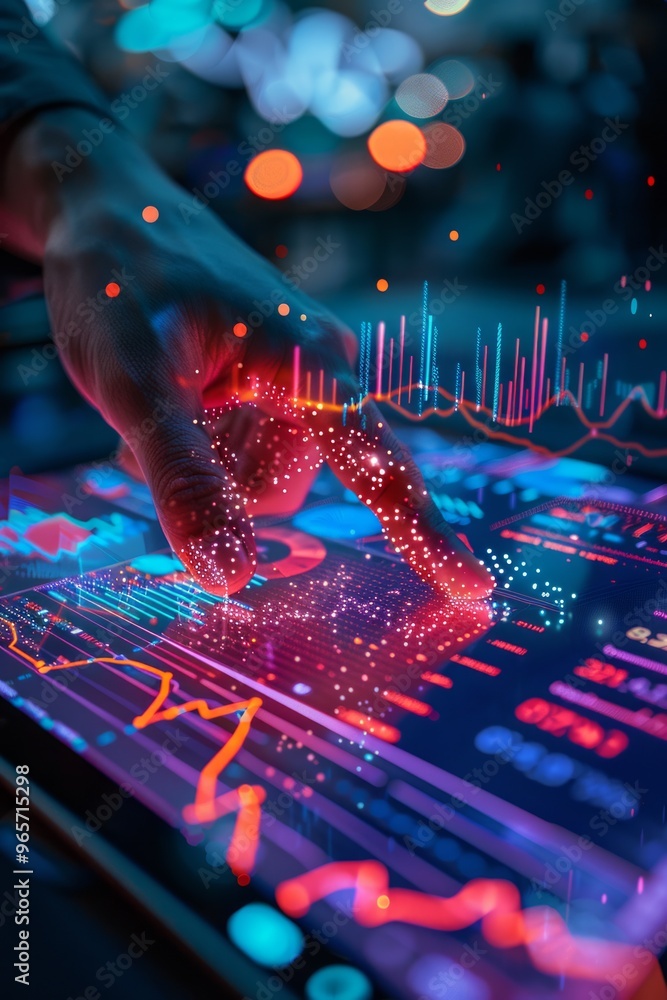 Poster a person interacts with a digital display of financial data in a modern workspace at night with vibr