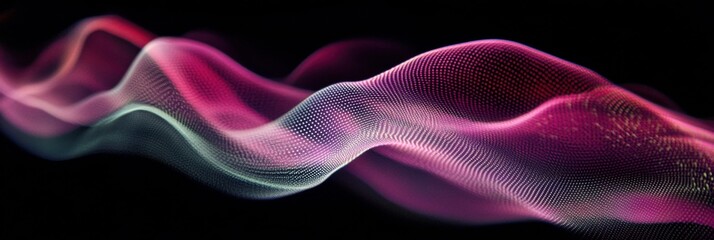 Obraz premium Abstract Blurred Wave with Intense Grain and Noise on Black Background, Featuring Retro Wave Aesthetics and Stippled Light Effects for a Highly Textured and Distorted Background Design