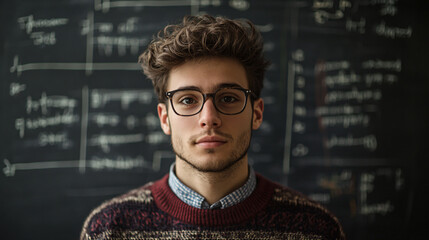 Young college student poses in a classroom in front of a blackboard filled with math equations