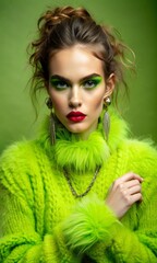 Edgy fashion statement in fluffy lime sweater with bold makeup and jewelry