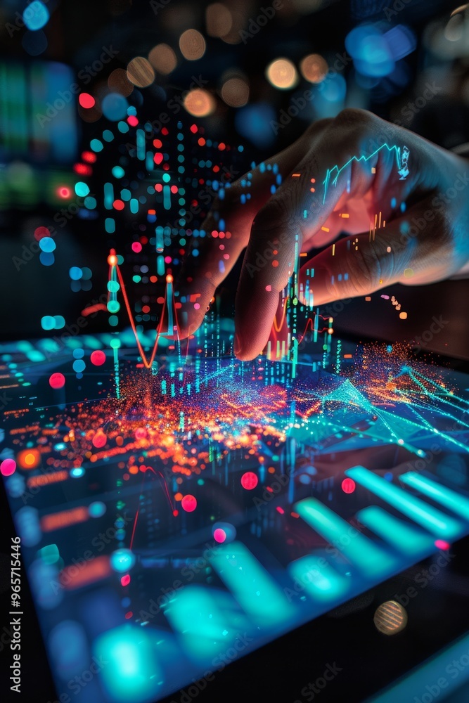 Poster a hand interacting with vibrant data visualizations on a touchscreen tablet in a modern tech environ
