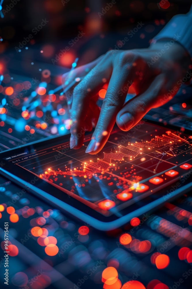 Poster a close-up view of a hand touching a tablet displaying financial data with vibrant digital elements 