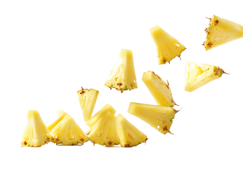 Falling Pineapple slices isolated on Transparent background, full depth of field, lipping path,pineapple in full depth of field, Falling candied fruit, Cut pineapple on transparent background, ring,Ai