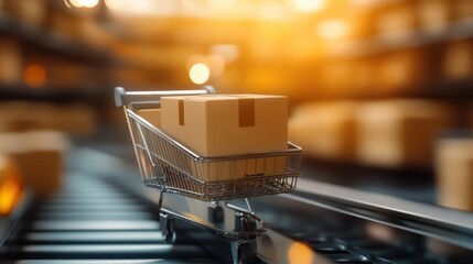 A shopping cart filled with boxes moving along a conveyor belt in a warehouse, symbolizing delivery and logistics.