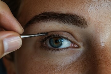 Extreme close-up of a woman's eye with blue iris while her eyelashes are being tweezed, showcasing beauty procedures and personal grooming techniques.